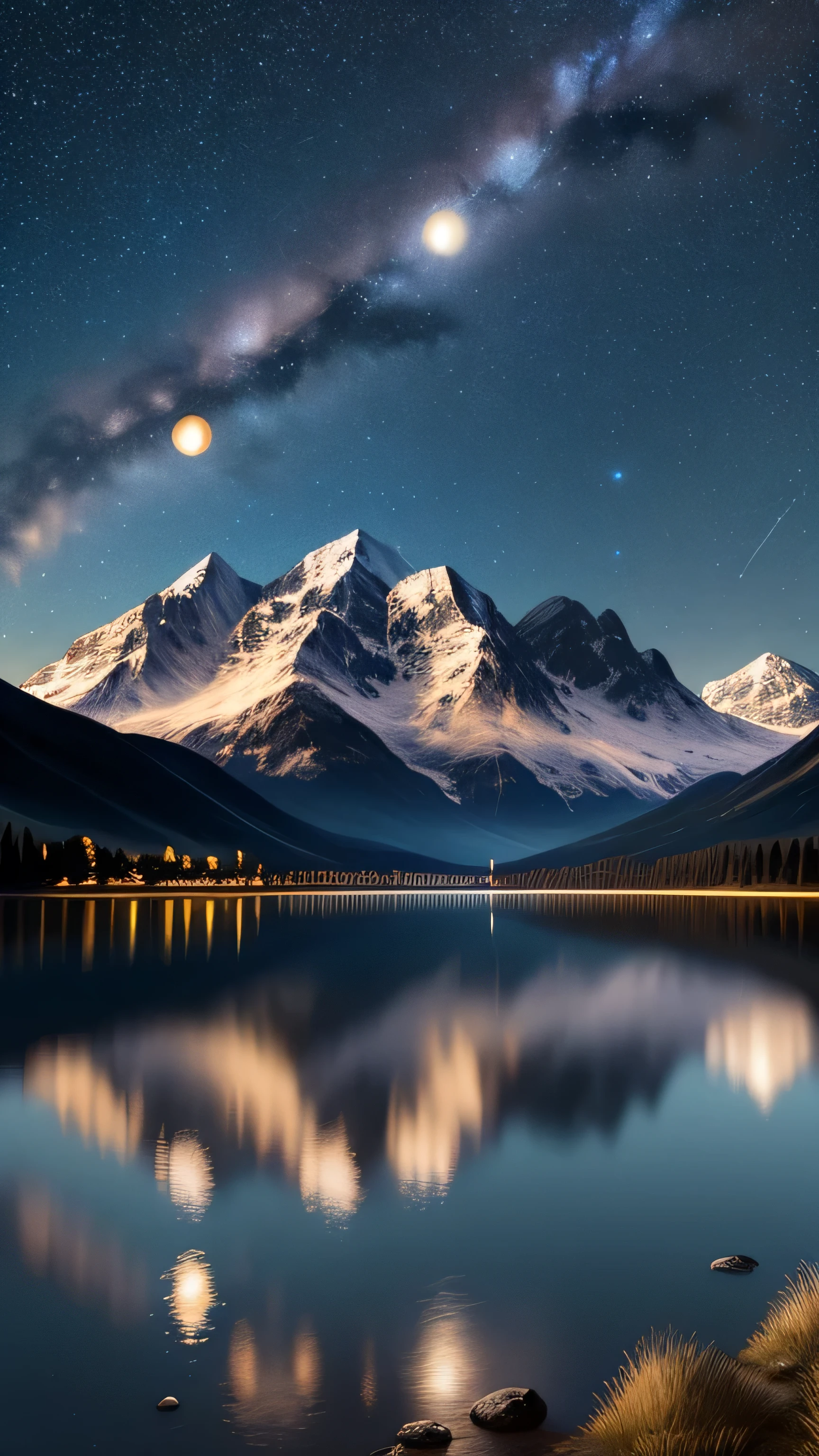 A very starry night. Huge moon behind the mountains. A quiet lake reflecting the night. realistic scene, detailed, Photorealism, 8k