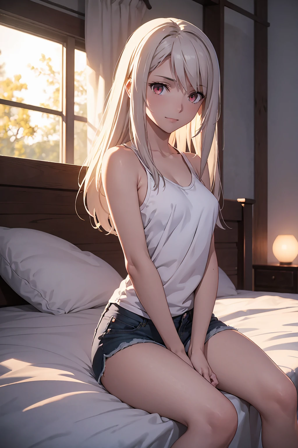 NSFW　(highest quality:1.5, High resolution, 超High resolution, 4K, Detailed lighting, Shaders)(masterpiece:1.2), Very detailed, destiny/Background of the stay, indoor, Illyasviel von Einzbern　alone, Cowboy Shot,Long Hair, Gray Hair, Red eyes, White tank top　Denim shorts　M-shaped foot　sneer　atmosphere　Beautiful night view　On the bed　