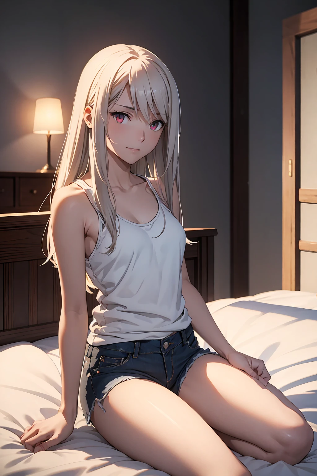 NSFW　(highest quality:1.5, High resolution, 超High resolution, 4K, Detailed lighting, Shaders)(masterpiece:1.2), Very detailed, destiny/Background of the stay, indoor, Illyasviel von Einzbern　alone, Cowboy Shot,Long Hair, Gray Hair, Red eyes, White tank top　Denim shorts　M-shaped foot　sneer　atmosphere　Beautiful night view　On the bed　