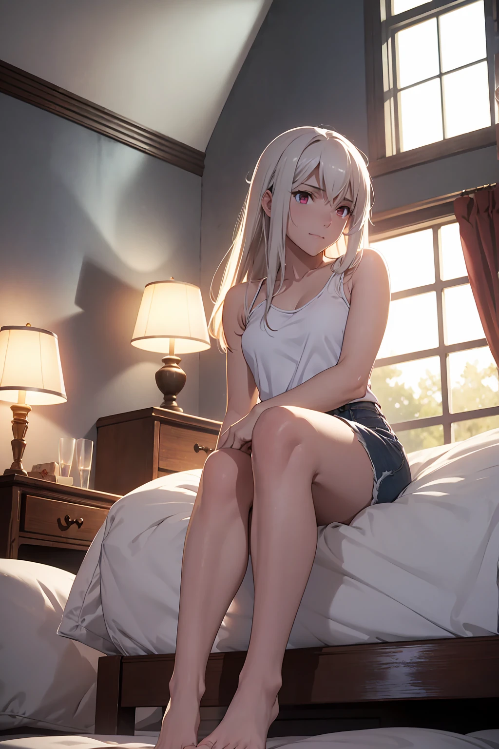 NSFW　(highest quality:1.5, High resolution, 超High resolution, 4K, Detailed lighting, Shaders)(masterpiece:1.2), Very detailed, destiny/Background of the stay, indoor, Illyasviel von Einzbern　alone, Cowboy Shot,Long Hair, Gray Hair, Red eyes, White tank top　Denim shorts　M-shaped foot　sneer　atmosphere　Beautiful night view　On the bed　