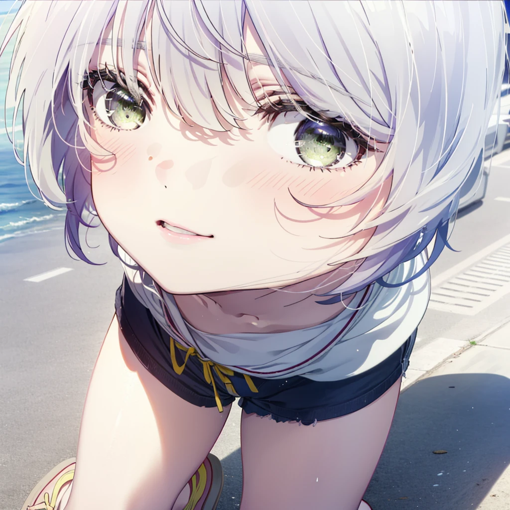 fuukakikuchi, fuuka kikuchi, short hair, bangs, Hair between the eyes, (Green Eyes:1.3), Grey Hair,smile,blush,White vest,Red Tank Top,Shorts,Cute Sandals,whole bodyがイラストに入るように,Daytime,Clear skies,
break outdoors, Coastal Road,
break looking at viewer,whole body,
break (masterpiece:1.2), highest quality, High resolution, unity 8k wallpaper, (figure:0.8), (Beautiful fine details:1.6), Highly detailed face, Perfect lighting, Highly detailed CG, (Perfect hands, Perfect Anatomy),