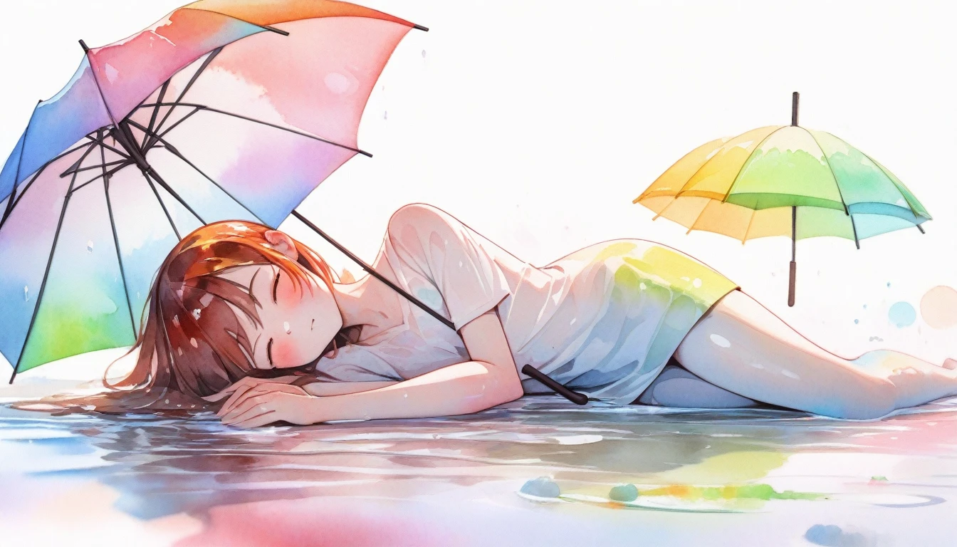 An umbrella lying on a white background, in puddle, rainbow watercolor style umbrella, masterpiece, absrudres, best quality, watercolour, profressional