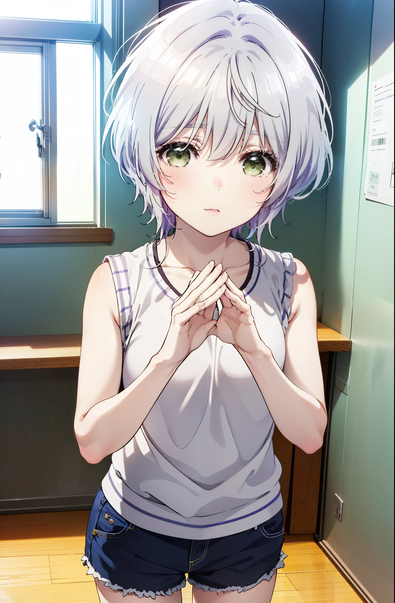 fuukakikuchi, fuuka kikuchi, short hair, bangs, Hair between the eyes, (Green Eyes:1.3), Grey Hair,White vest,Red Tank Top,Shorts,Cute Sandals,whole bodyがイラストに入るように,
break indoors, classroom,
break looking at viewer,whole body,(Cowboy Shot:1. 5) ,
break (masterpiece:1.2), highest quality, High resolution, unity 8k wallpaper, (figure:0.8), (Beautiful fine details:1.6), Highly detailed face, Perfect lighting, Highly detailed CG, (Perfect hands, Perfect Anatomy),