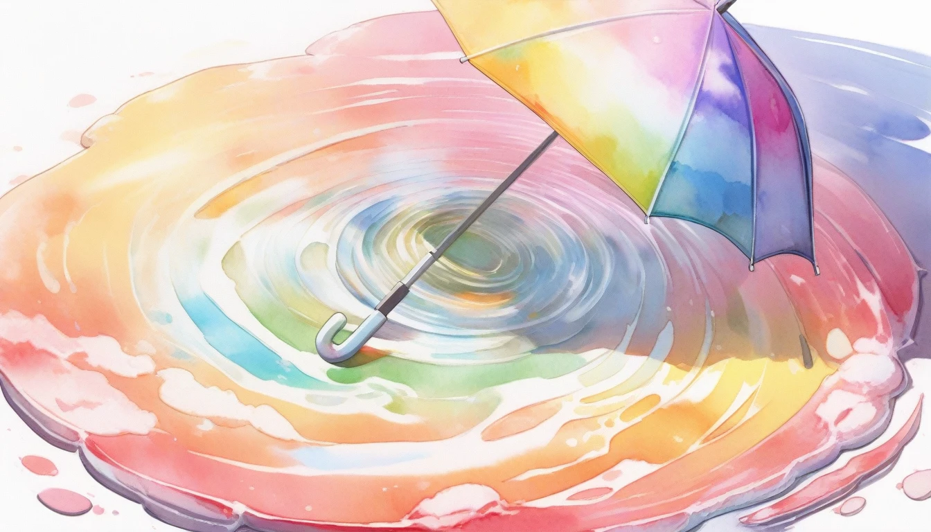 An umbrella lying on a white background, in puddle, rainbow watercolor style umbrella, masterpiece, absrudres, best quality, watercolour, profressional
