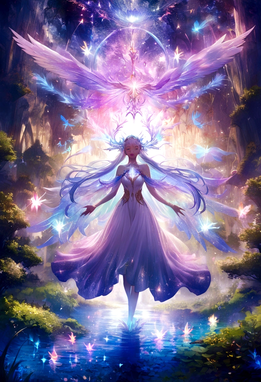 girl casting mystical glowing spells, fantasy rainbow forest, vibrant colors, ethereal lighting, detailed foliage, magical atmosphere, enchanting scenery, dreamlike ambiance, shimmering glow, flowing robes, wisps of magic, ethereal creatures, enchanted trees, sparkling streams, radiant energy, mystical symbols, surreal beauty, otherworldly landscape, swirling mist, enchantment in the air, spellbinding moment, mesmerizing spectacle, ethereal essence, magical incantation, mystical aura, bewitching charm, spellbound onlookers, transcendent experience, magical vortex, hidden secrets, whimsical creatures, vibrant enchantment, enchanted atmosphere, ethereal melodies, radiant beams of light, otherworldly colors, mesmerizing movements, joyous celebration in nature, enchanting nymphs, supernatural power, pulsating energy, captivating spells, fantastical realm, transcendental experience, glowing sheild of light protecting girl,