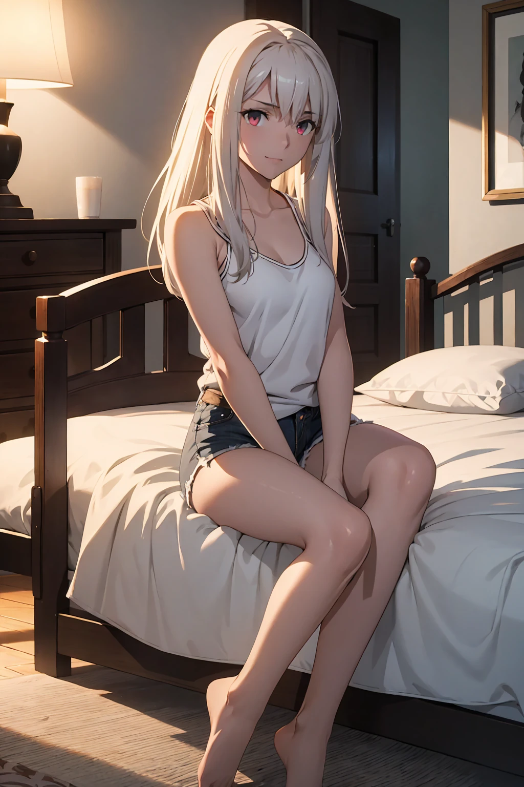 NSFW　(highest quality:1.5, High resolution, 超High resolution, 4K, Detailed lighting, Shaders)(masterpiece:1.2), Very detailed, destiny/Background of the stay, indoor, Illyasviel von Einzbern　alone, Cowboy Shot,Long Hair, Gray Hair, Red eyes, White tank top　Denim shorts　M-shaped foot　sneer　atmosphere　Beautiful night view　On the bed　