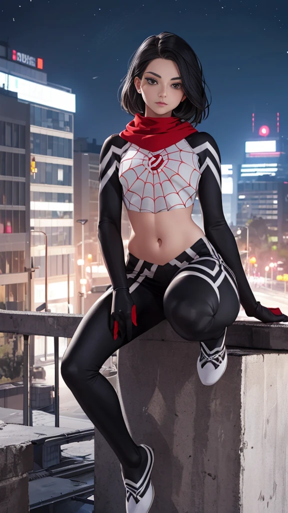 (Highly quality, masterpiece, detailed), Night city detailed scenario, night city detailed background, 20 years old girl, black hair, 1girl, CindyMoon, cindymoon, short hair, Black top, white top, black botton, white bottom, long bottom, spider web print, Crop top, Red scarf, Long Sleeves, Gloves, red finger gloves, Abdomen, Expressionless, sitting on top of a building, Navel, beautiful eyes, perfect eyes, looking at the viewer, Sexy pose