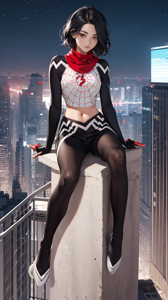 (Highly quality, masterpiece, detailed), Night city detailed scenario, night city detailed background, 20 years old girl, black hair, 1girl, CindyMoon, cindymoon, short hair, Black top, white top, black botton, white bottom, long bottom, spider web print, Crop top, Red scarf, Long Sleeves, Gloves, red finger gloves, Abdomen, Expressionless, sitting on top of a building, Navel, beautiful eyes, perfect eyes, looking at the viewer, Sexy pose