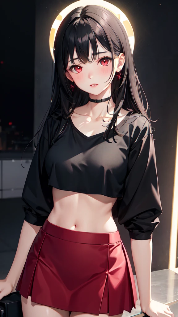 1girl, parted lips, blush, makeup, light smile, black hair, red eyes, crop top, skirt, light rays, glow, thighs, collarbone, narrow waist, (masterpiece), wallpaper,