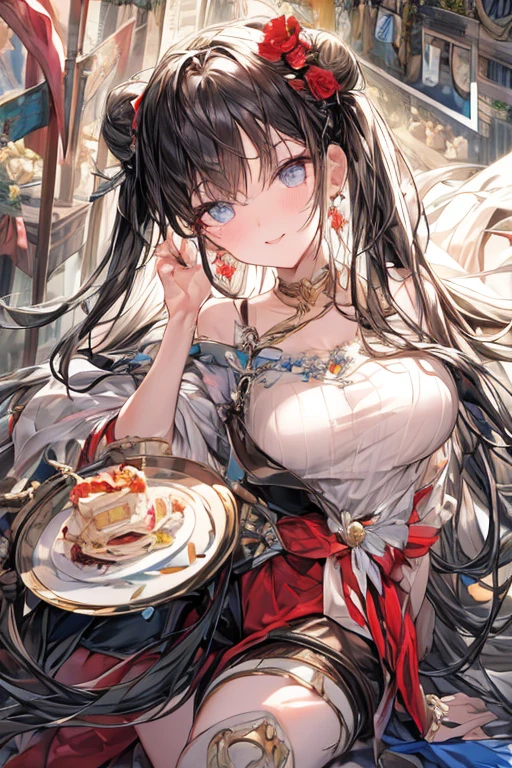 (((Masterpiece))),(((Super Detail))),(((in 8K))),(((best composition))),(((Rim lighting,Fireglow effect,deep shadow))),solo),Beautiful fingers,Detailed finger features,(Detailed hair features:1.7),(Dynamic and sexy bending pose:1.3),detailed facial features,detailed clothes features, (perky chest:1.1), (pointed chest:1.3), delicate beautiful face, Bright blue eyes, cute eyes, sparkling eyes, Big eyes, beautiful detailed eyes,double bun with glittering hair ornament:0.6,(super detailed glossy skin:1.3),slender body,goddess smile,((with sparkling eyes and a contagious smile)),beautiful posture,have a cup of coffee,black hair, red eyes, dress, bare shoulders, jewelry, collarbone, sidelocks, hairband, earrings, indoors, off shoulder, sweater, arms behind back, plant, short hair with long locks, white hairband, off-shoulder dress, sweater dress, off-shoulder sweater, red sweater, big side hair, very long side hair,(super delicate floral pattern:1.2),seductive cleavage:1.3,beautiful glossy legs,shiny red high heels,lifting dishes with cakesd,french restaurant,hustle and bustle,rising steam,(((depth of fields)))