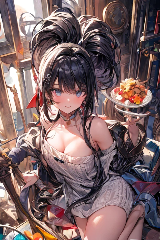 (((Masterpiece))),(((Super Detail))),(((in 8K))),(((best composition))),(((Rim lighting,Fireglow effect,deep shadow))),solo),Beautiful fingers,Detailed finger features,(Detailed hair features:1.7),(Dynamic and sexy bending pose:1.3),detailed facial features,detailed clothes features, (perky chest:1.1), (pointed chest:1.3), delicate beautiful face, Bright blue eyes, cute eyes, sparkling eyes, Big eyes, beautiful detailed eyes,double bun with glittering hair ornament:0.6,(super detailed glossy skin:1.3),slender body,goddess smile,((with sparkling eyes and a contagious smile)),beautiful posture,have a cup of coffee,black hair, red eyes, dress, bare shoulders, jewelry, collarbone, sidelocks, hairband, earrings, indoors, off shoulder, sweater, arms behind back, plant, short hair with long locks, white hairband, off-shoulder dress, sweater dress, off-shoulder sweater, red sweater, big side hair, very long side hair,(super delicate floral pattern:1.2),seductive cleavage:1.3,beautiful glossy legs,shiny red high heels,lifting dishes with cakesd,french restaurant,hustle and bustle,rising steam,(((depth of fields)))
