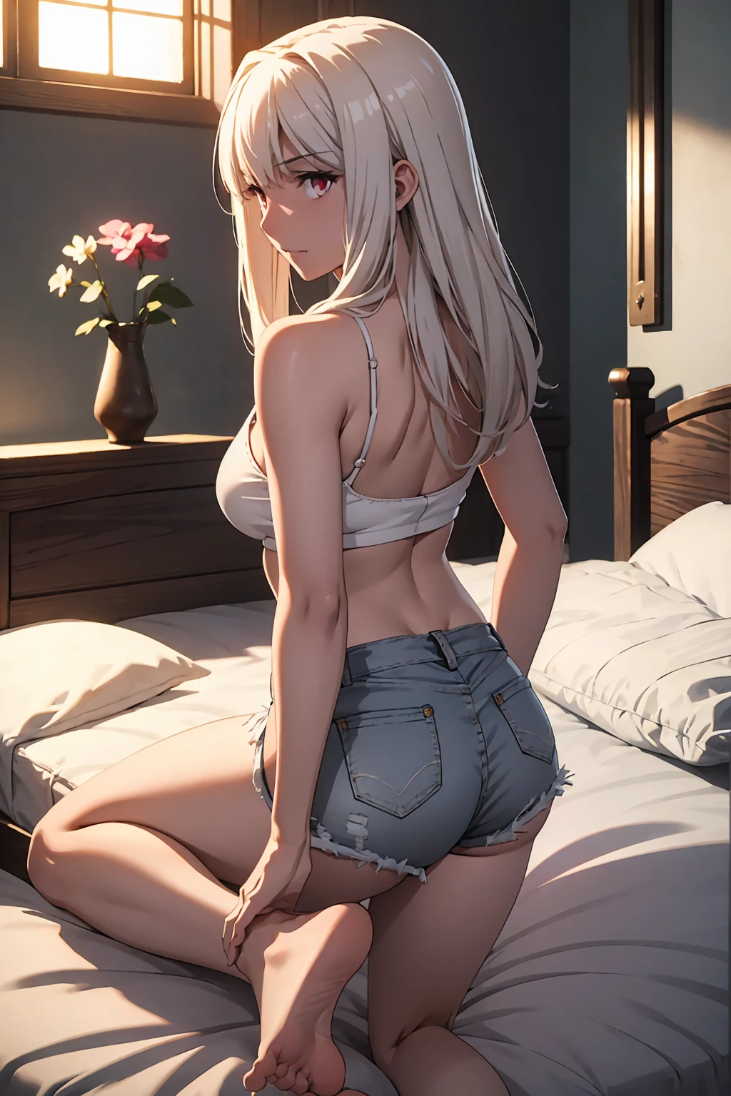 NSFW　(highest quality:1.5, High resolution, 超High resolution, 4K, Detailed lighting, Shaders)(masterpiece:1.2), Very detailed, destiny/Background of the stay, indoor, Illyasviel von Einzbern　alone, Cowboy Shot,Long Hair, Gray Hair, Red eyes, White tank top　Denim shorts　M-shaped foot　sneer　atmosphere　Beautiful night view　On the bed　Angle from behind