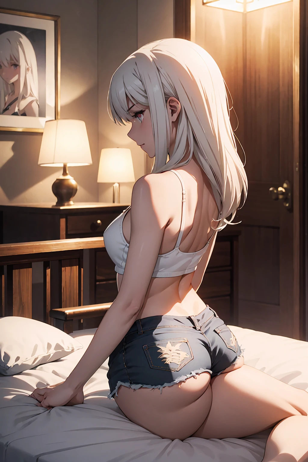 NSFW (highest quality:1.5, High resolution, 超High resolution, 4K, Detailed lighting, Shaders)(masterpiece:1.2), Very detailed, destiny/Background of the stay, indoor, Illyasviel von Einzbern alone, Cowboy Shot,Long Hair, Gray Hair, Red eyes, White tank top Denim shorts M-shaped foot sneer atmosphere Beautiful night view On the bed Angle from behind
