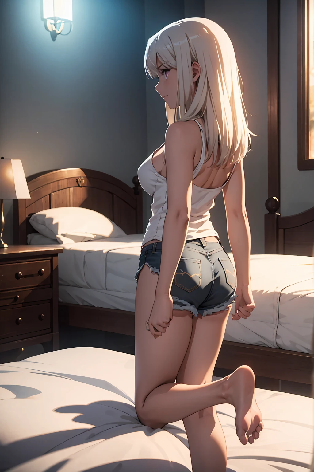 NSFW　(highest quality:1.5, High resolution, 超High resolution, 4K, Detailed lighting, Shaders)(masterpiece:1.2), Very detailed, destiny/Background of the stay, indoor, Illyasviel von Einzbern　alone, Cowboy Shot,Long Hair, Gray Hair, Red eyes, White tank top　Denim shorts　M-shaped foot　sneer　atmosphere　Beautiful night view　On the bed　Angle from behind