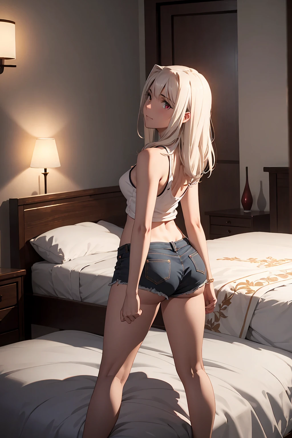 NSFW　(highest quality:1.5, High resolution, 超High resolution, 4K, Detailed lighting, Shaders)(masterpiece:1.2), Very detailed, destiny/Background of the stay, indoor, Illyasviel von Einzbern　alone, Cowboy Shot,Long Hair, Gray Hair, Red eyes, White tank top　Denim shorts　M-shaped foot　sneer　atmosphere　Beautiful night view　On the bed　Angle from behind