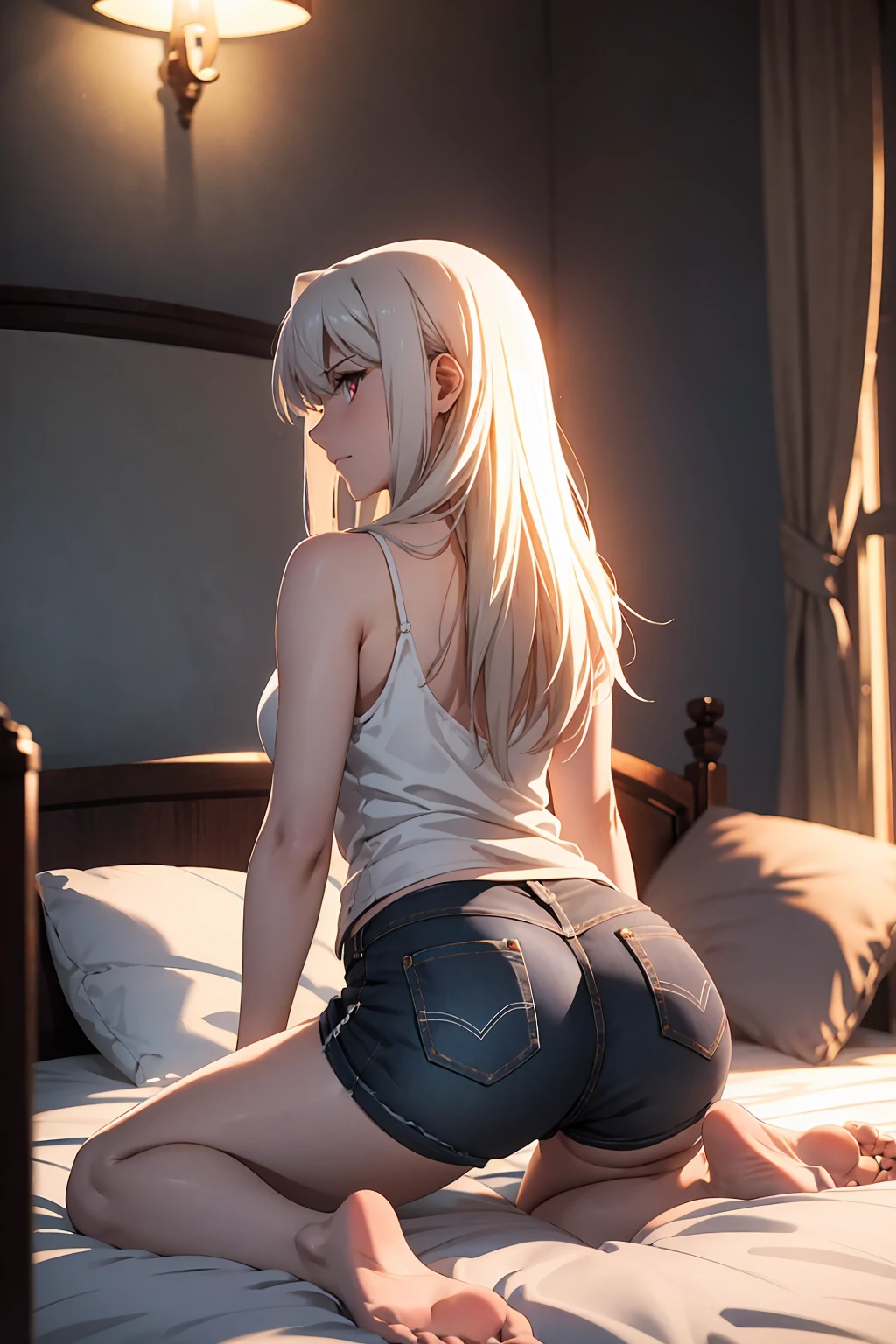 NSFW　(highest quality:1.5, High resolution, 超High resolution, 4K, Detailed lighting, Shaders)(masterpiece:1.2), Very detailed, destiny/Background of the stay, indoor, Illyasviel von Einzbern　alone, Cowboy Shot,Long Hair, Gray Hair, Red eyes, White tank top　Denim shorts　M-shaped foot　sneer　atmosphere　Beautiful night view　On the bed　Angle from behind