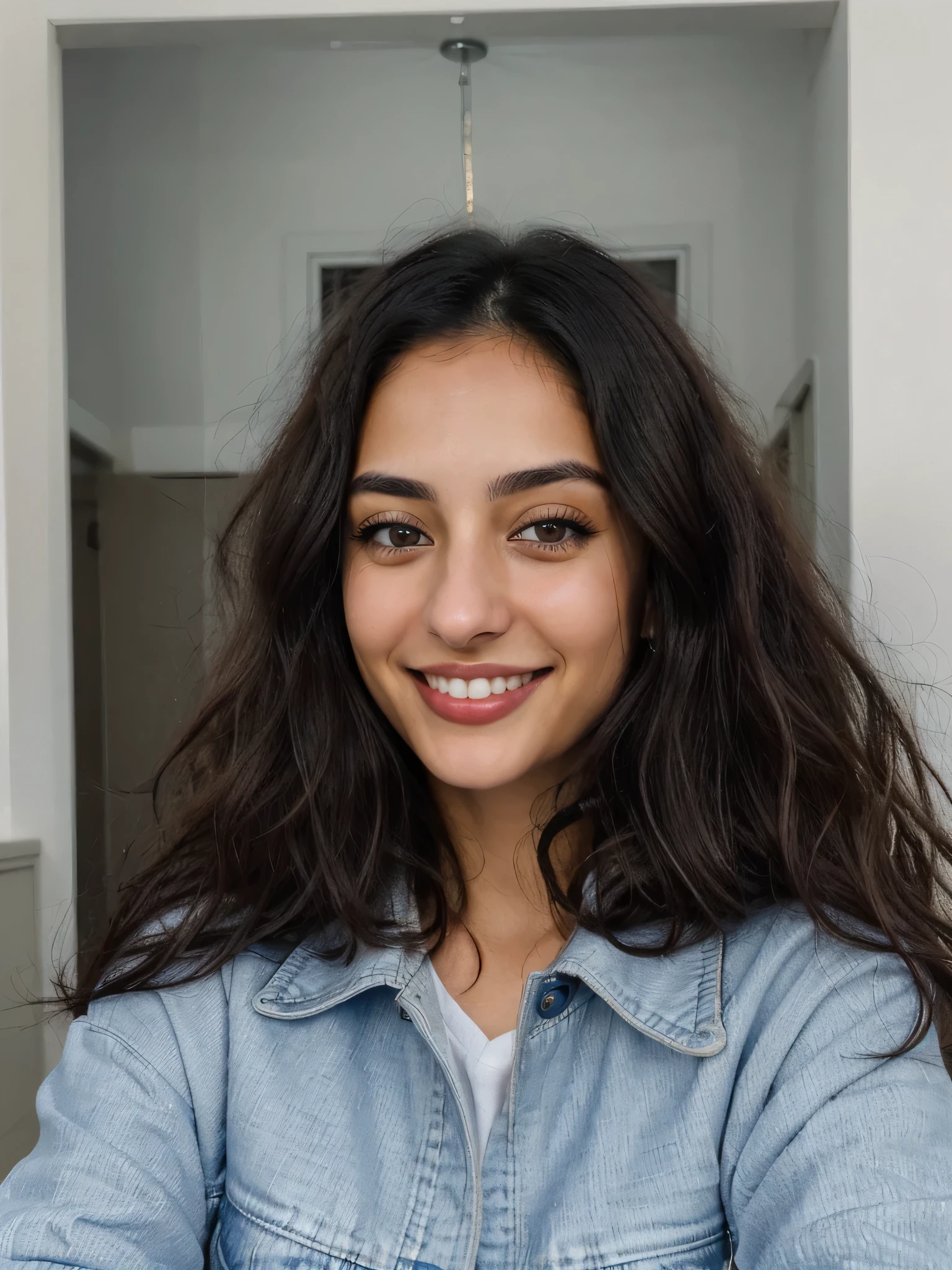 one cute women, 29YO, white, Arab, cute face, realistic brown eyes, blue jacket, black hair, cute smile, skinny face, white realistic teethes, big eyes, long wavy hair
