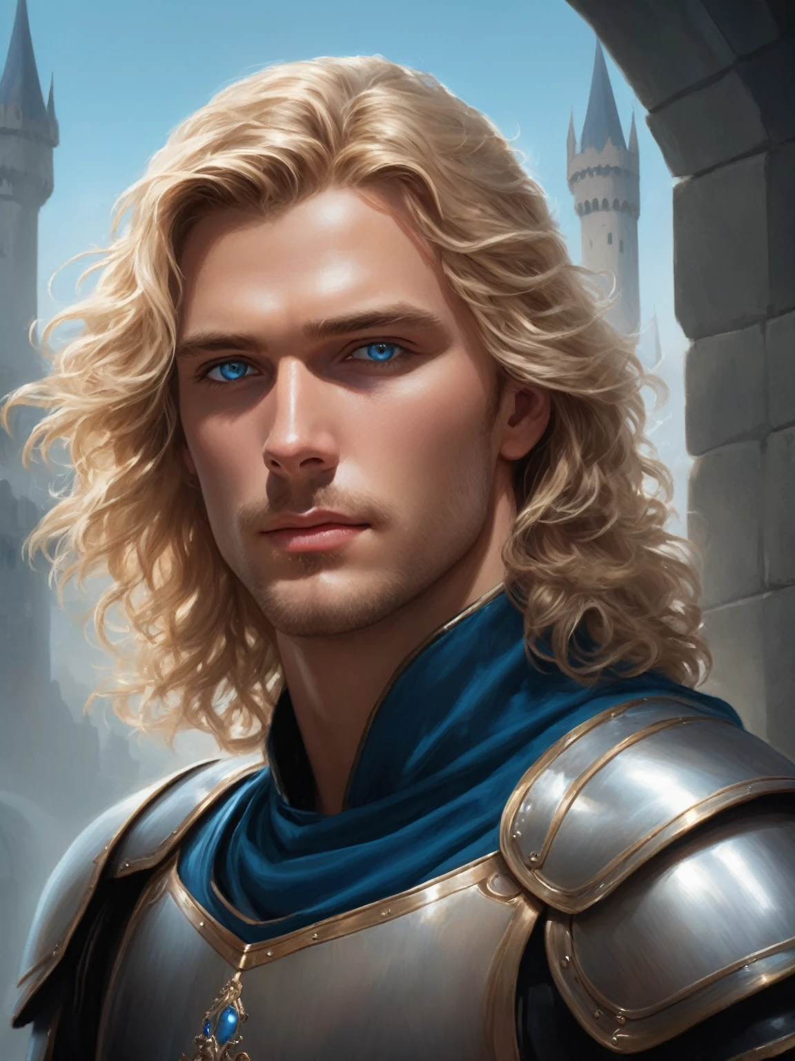 ((best quality),(masterpiece),(detailed),perfect face,a man with wavy blond hair and blue eyes,wearing armor, castle behind,beautiful,(cinematic),(dramatic lighting),(digital painting),(sharp focus),(photorealistic),(ultra-realistic),(hyper detailed),(epic),(fantasy),(cinematic composition),(heroic pose),(dramatic), (perfect eyes)