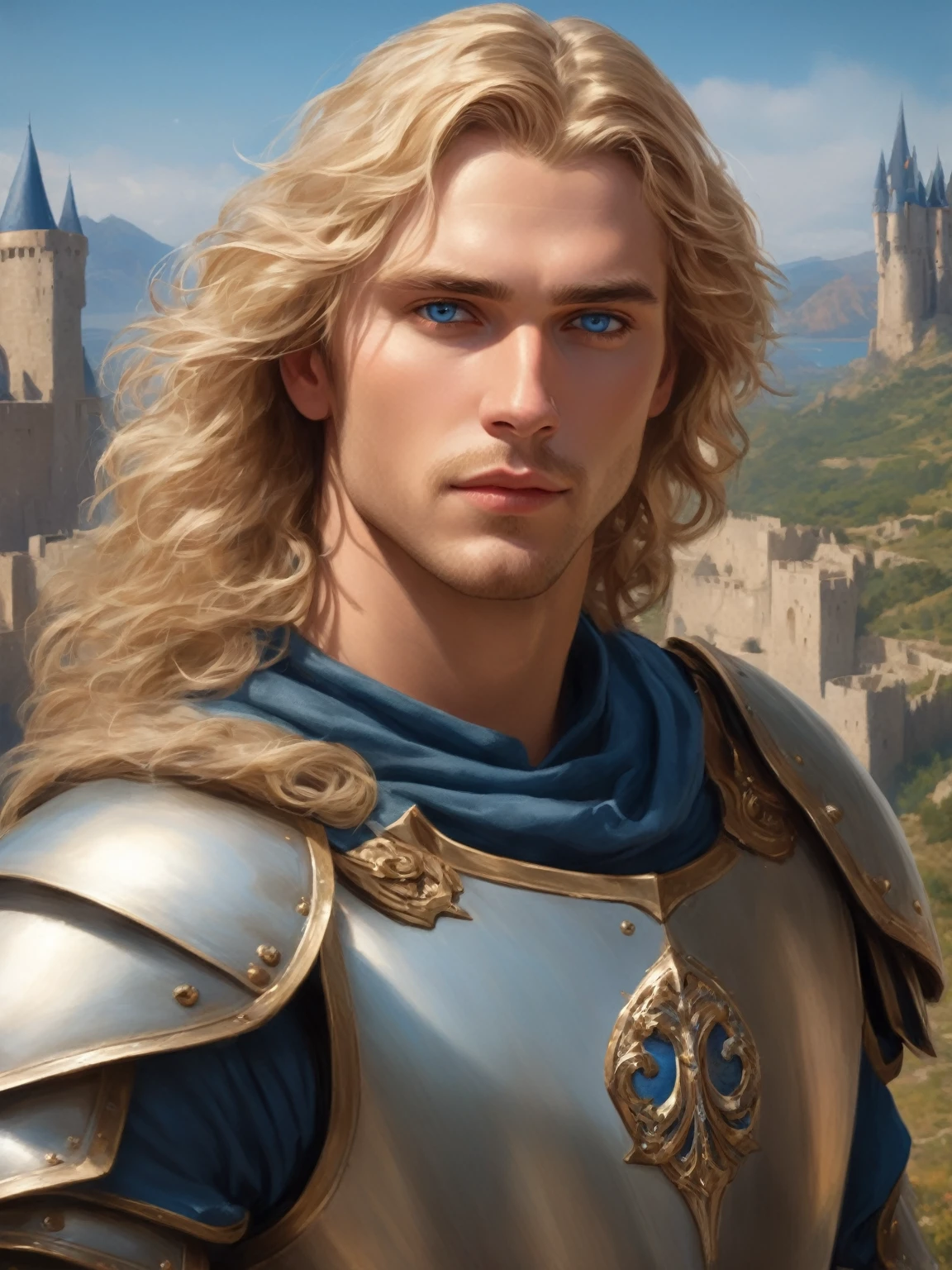 ((best quality),(masterpiece),(detailed),perfect face,a man with wavy blond hair and blue eyes,wearing armor, castle behind,beautiful,(cinematic),(dramatic lighting),(digital painting),(sharp focus),(photorealistic),(ultra-realistic),(hyper detailed),(epic),(fantasy),(cinematic composition),(heroic pose),(dramatic), (perfect eyes)