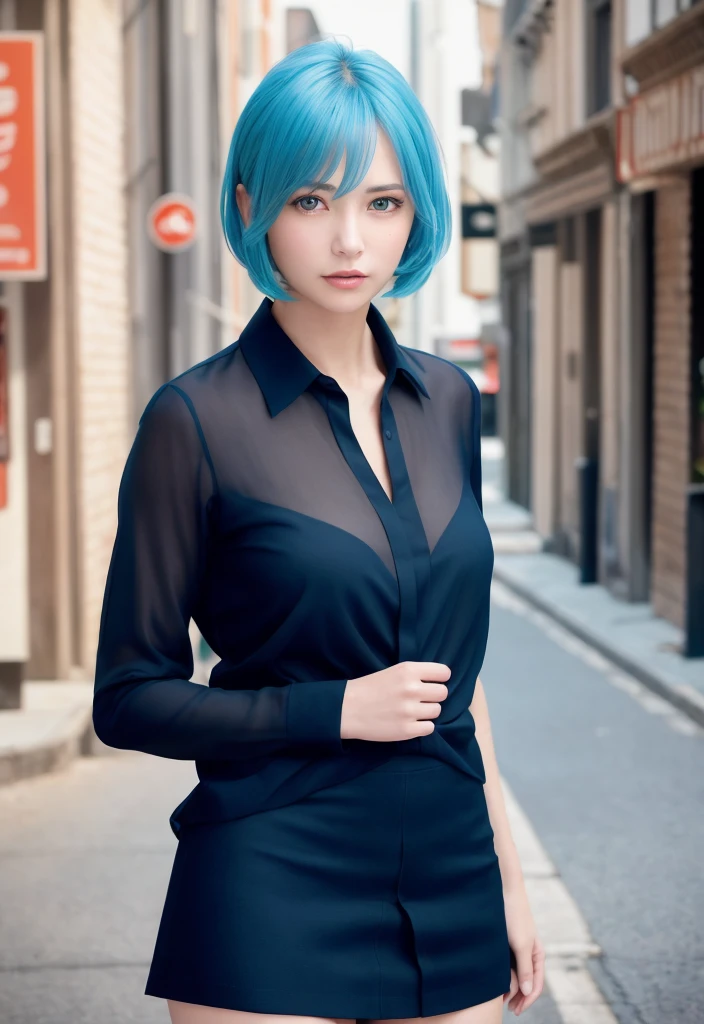 8K, of the highest quality, masutepiece:1.2), (Realistic, Photorealsitic:1.37), of the highest quality, masterpiece, (cleavage:0.75), sheer shirt, pale blue hair, Beautiful young woman, Pensive expression, charming, an inviting look, pixie hair, Cinematic background, Light skin tone, city street Background, sadness, short skirt,