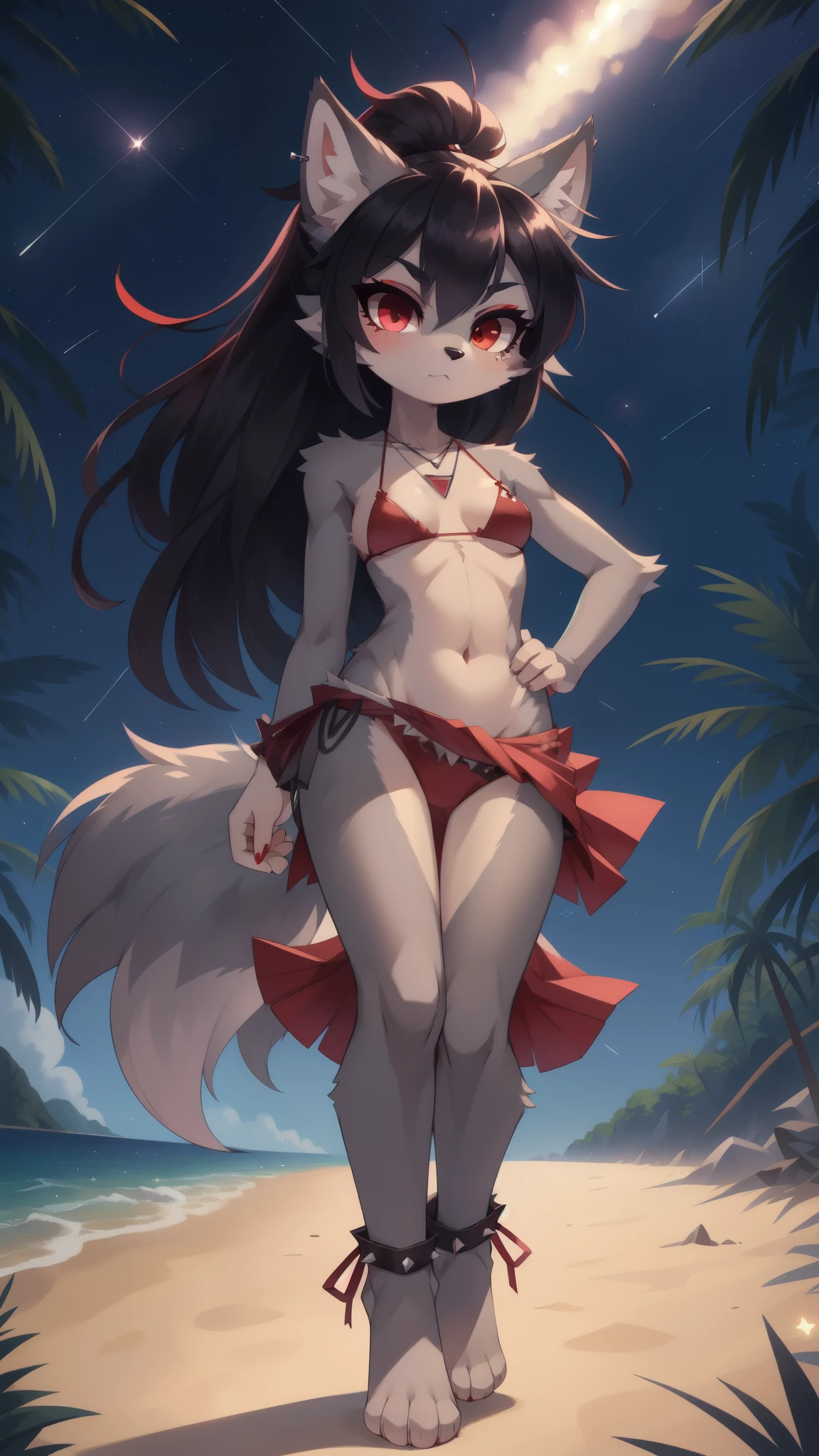 furry girl, wolf, black hair, punk hairstyle, large long spiky ponytail, anime style, small breasts, red eyes, eyeshadows, makeup, ((deep red bikini ruffled triangle, high cut bottom, star necklace, beach sarong with shooting stars on hips)), high quality, detailed body, detailed eyes, detailed face, masterpiece, glistening body, detailed body fur, best quality, two tone body, gray fur, clear gray fur, perfect lighting, perfect shadows, perfect eyes, perfect hair, perfect face, gorgeous body, skinny, solo, :3, full body, feets with three toes, 3 toes,