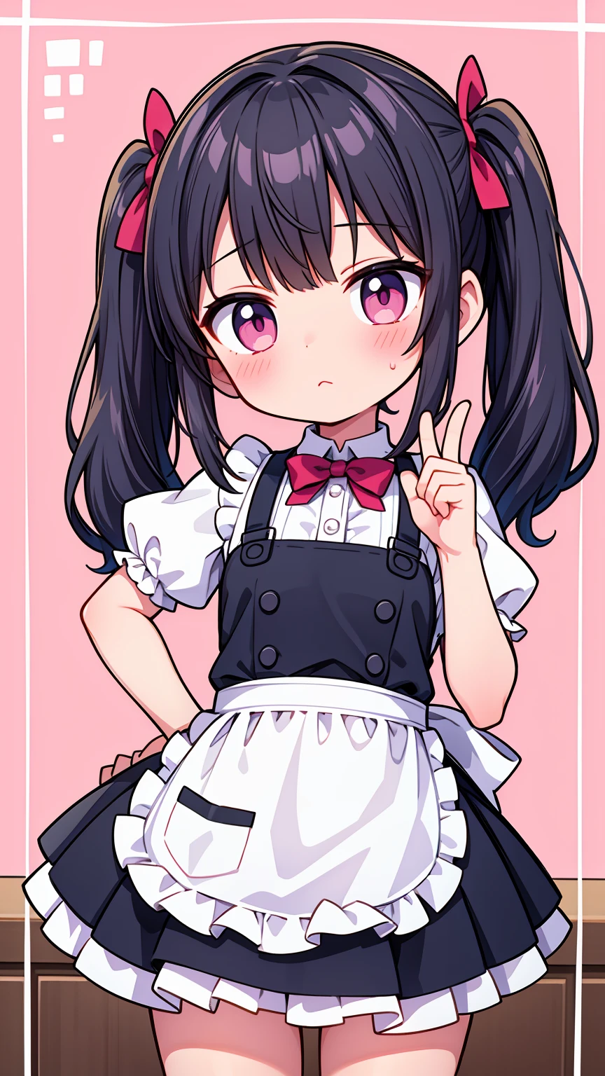 (8K, Highest image quality, highest quality, masterpiece), detailed face, ((loli girl)), (little loli curve) , black hair, short twintails, pink eyes, small breasts, naked apron, cowboy shot, put your hand on your mouth, kitchen background, ((very blushing)), ((detailed hands and fingers)), viewer perspective from below