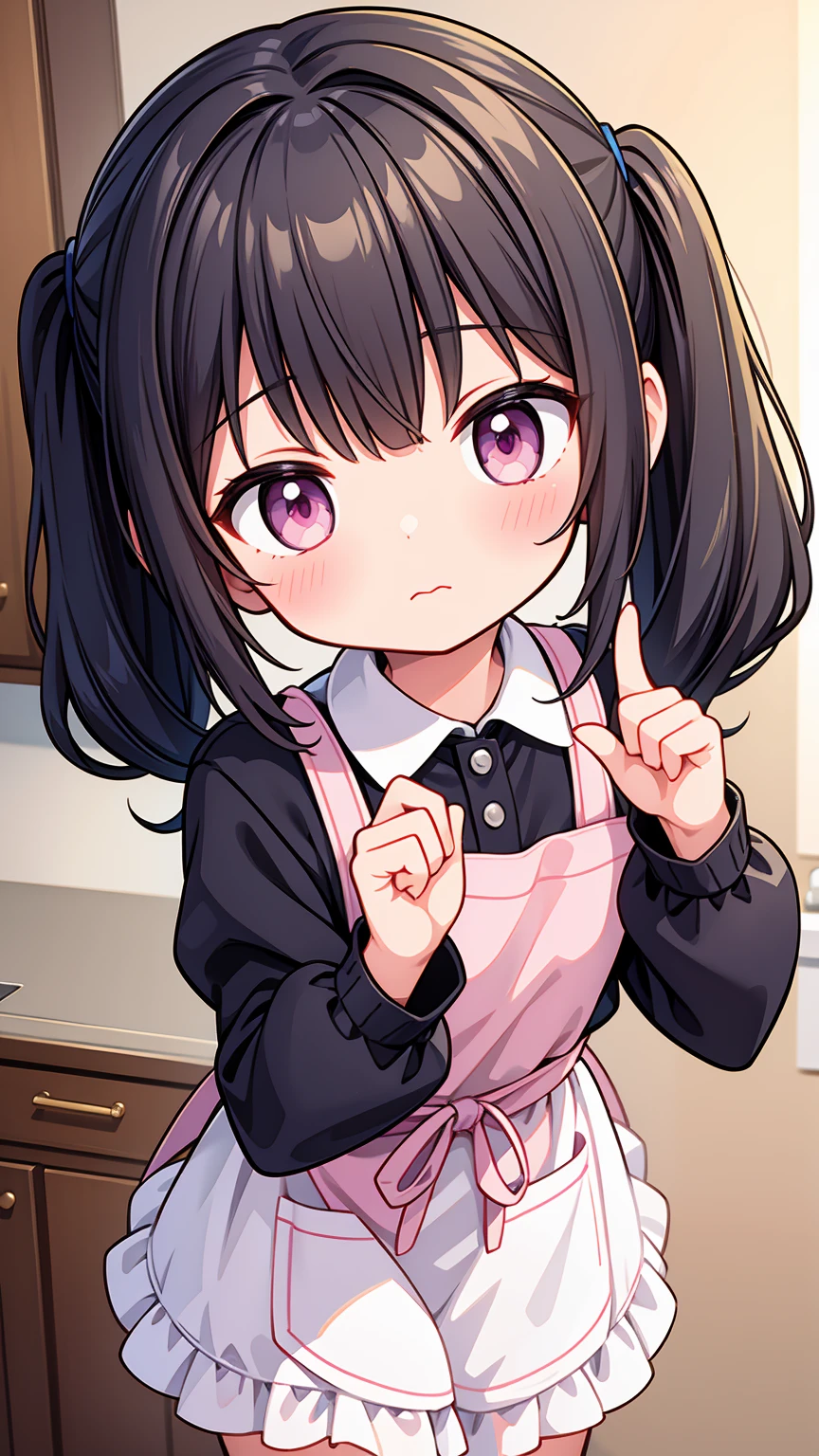 (8K, Highest image quality, highest quality, masterpiece), detailed face, ((loli girl)), (little loli curve) , black hair, short twintails, pink eyes, small breasts, naked apron, cowboy shot, put your hand on your mouth, kitchen background, ((very blushing)), ((detailed hands and fingers)), viewer perspective from below