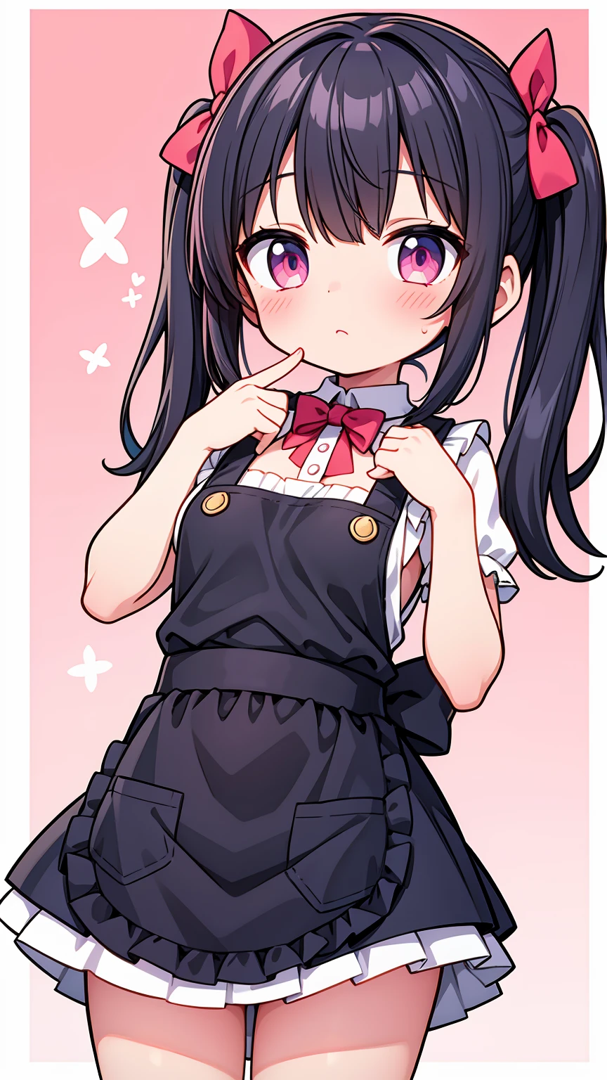 (8K, Highest image quality, highest quality, masterpiece), detailed face, ((li girl)), (little loli curve) , black hair, short twintails, pink eyes, small breasts, naked apron, cowboy shot, put your hand on your mouth, kitchen background, ((very blushing)), ((detailed hands and fingers)), viewer perspective from below