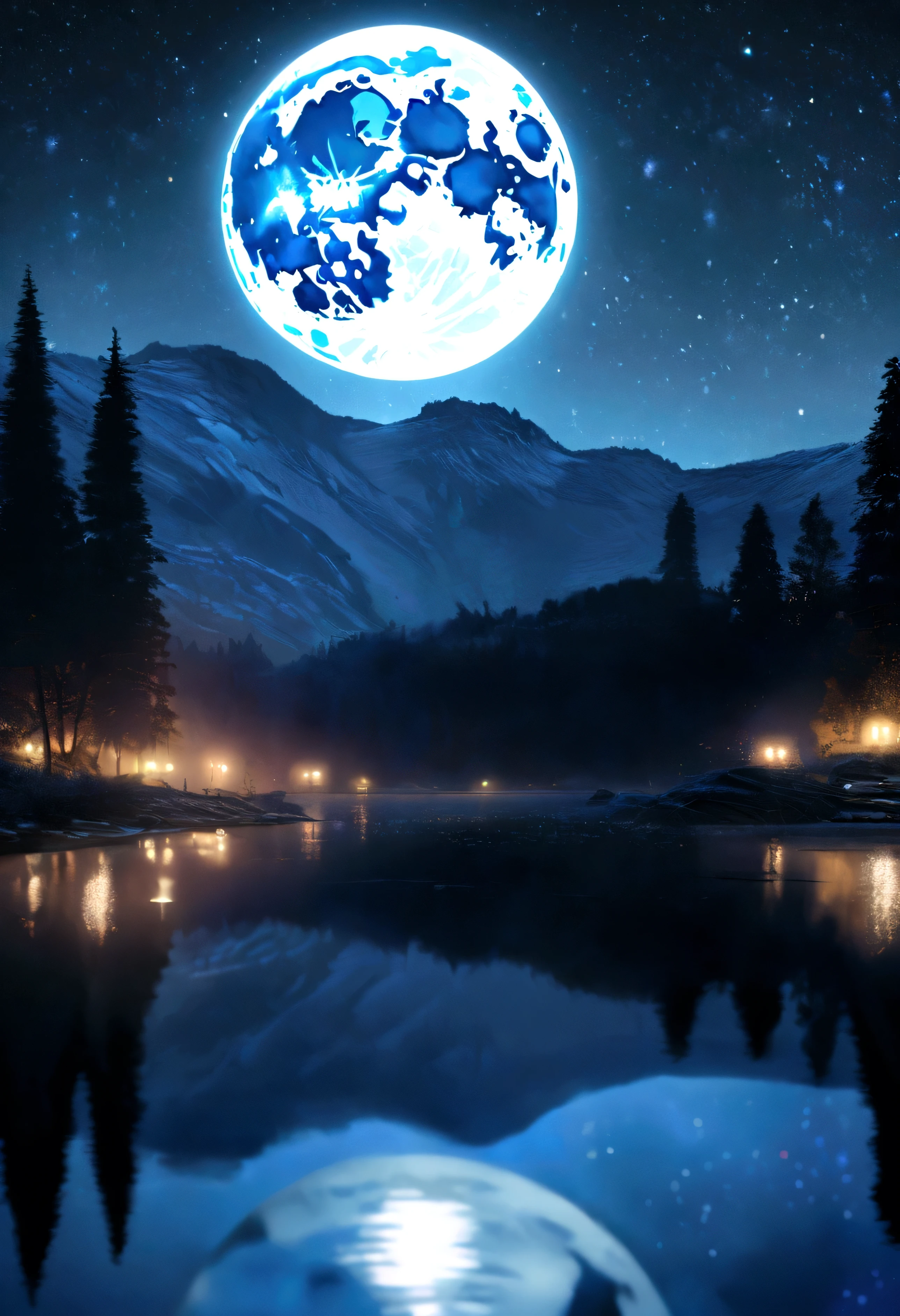 A very starry night. Huge moon behind the mountains. A quiet lake reflecting the night. realistic scene, detailed, Photorealism, 8k