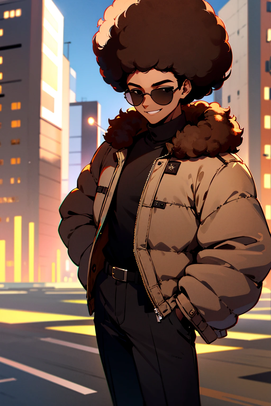 1male, dark skin, black aviators, brown hair, afro, grinning, black shirt, white puffer jacket, black pants, city background, detailed background, hands to side, standing on path