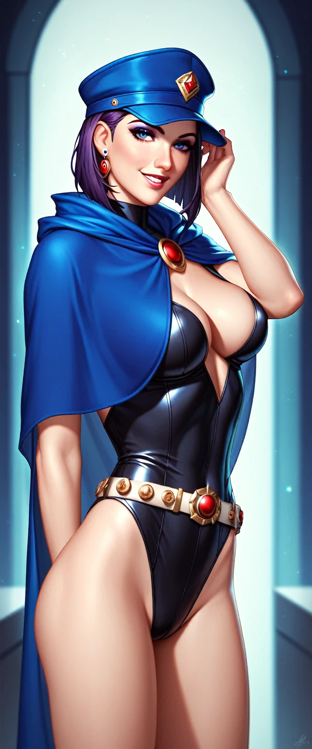 Masterpiece, Jennifer Connelly, cowboy shot, Raven, wearing a sexy Raven navy-blue cloak, black leotard, brooch, belt, using cap, perfect detailed eyes, delicate smile on your face, on the top of a loft in Los Angeles City at night with buildings and lights in the background bringing an elegant and modern air to the scene, ohwx
ohwx woman.