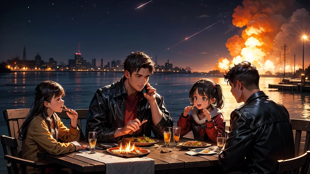 a family is enjoying a outdoors dinner at night of summer, big family, in the background there is a lake and modern lookin city, there is a wooden dinner table with festive meals, the dark sky is illuminated by fiery missiles streaking the sky about to hit the unsuspecting family, the peace before war