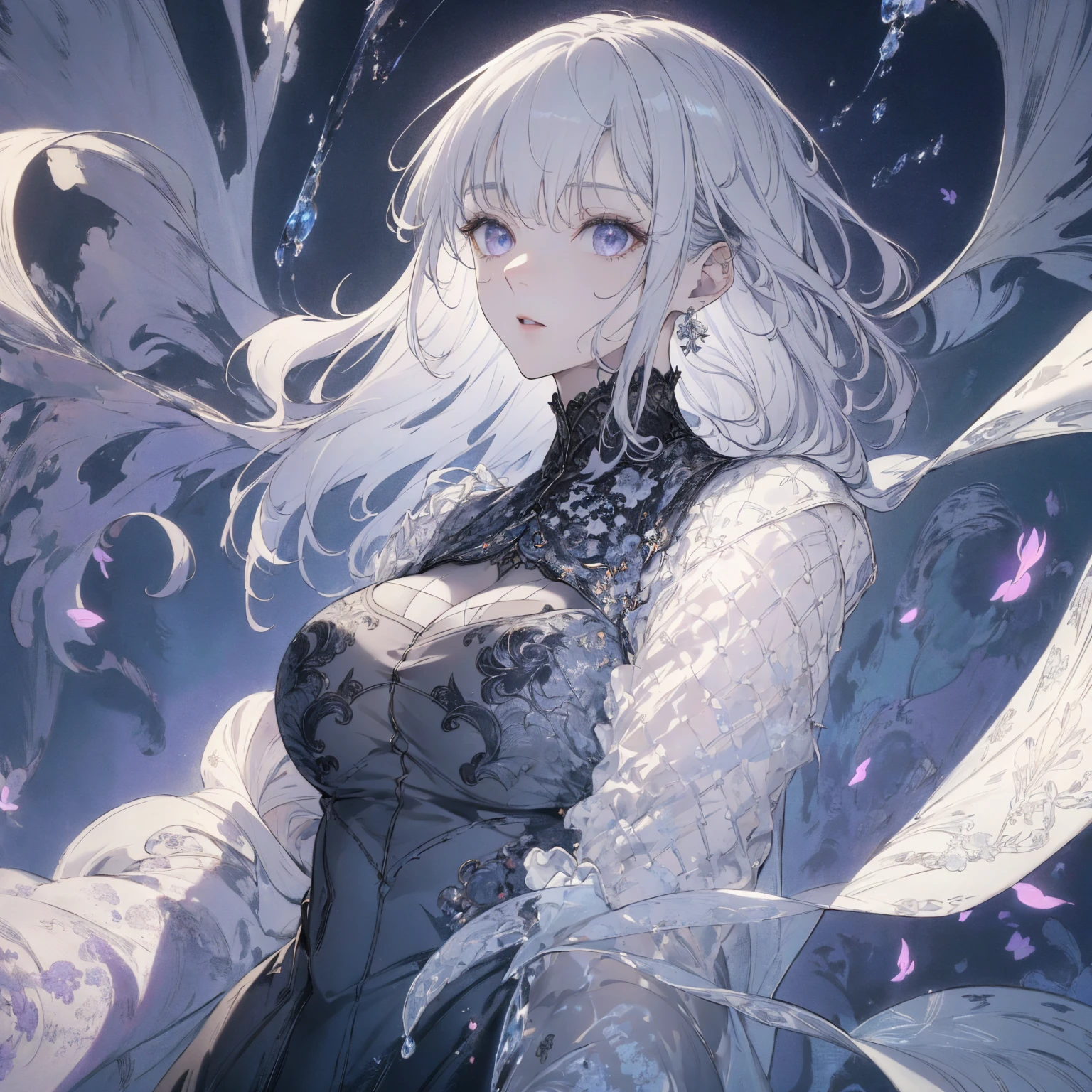 (Landscape photo, with a woman in the bottom right of photo:1.5, gray white background:1.5, fantasy), Masterpiece, best quality, (very detailed CG unity 8k wallpaper), (best quality), High definition RAW color art, Animation,sculptures, white Skin, (((Ultra detailed elegant))), Magical atmosphere, Detailed skin, Texture,(Intricately detailed, Fine detail, ultra-detail art), Silky Touch, Hyper Detail, beautiful eyes, elegant face, (upper body focus), silver hair, The wind is blowing, portrait, bracelet, pastel purple, enormous , gray clothing, Long Bangs, profile, Jersey