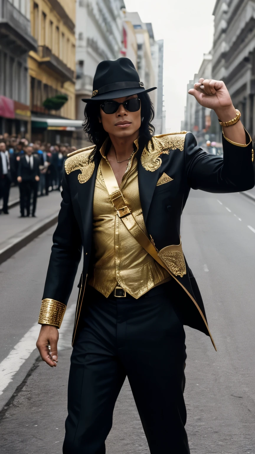 dynamic masterpiece epic cinematic scene,melhor qualidade,hiper detalhado,ultra detalhado, Michael Jackson was wearing a gold suit and had one hand in his pocket,pele verdadeira,terno dourado ral-bling,fundo da bandeira dos EUA,tiro na cintura,Bokeh,Rambrandt Lighting, em movimento. high budget action movie main theme. Foto CRU, desfoque de movimento. melhor qualidade, high resolution