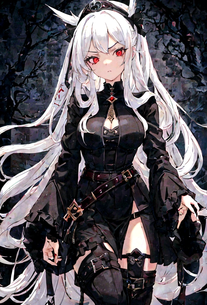 Girl, 20 years old, with long white hair down to below her waist, a serious yet tender expression, and red eyes. Her hair features black streaks. She wears antique-style clothing, a long black dress with a slit on the legs, and high black boots that almost reach her knees. Her power and background are related to shadows and darkness. dark escense, figth stance, detailed