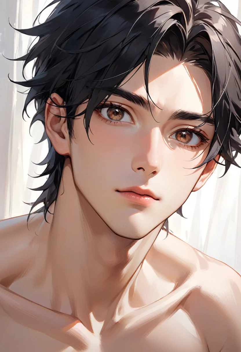 1 handsome man、young、Black Hair、Brown eyes、Portraiture、Gaze Here、Upper body naked