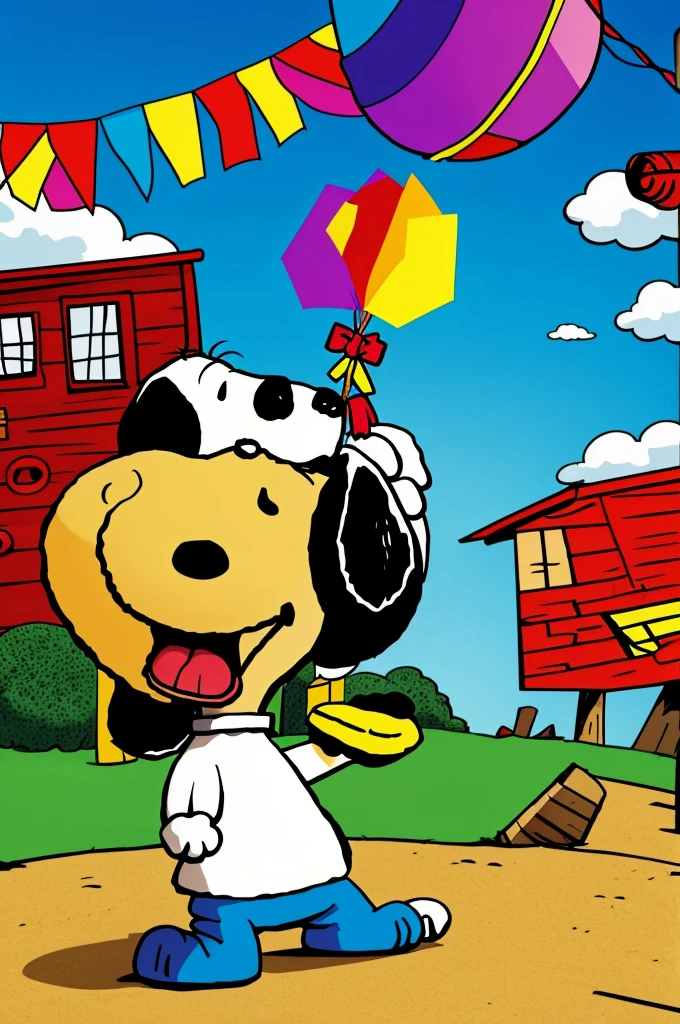Cartoon image of Snoopy breaking a colorful pinata