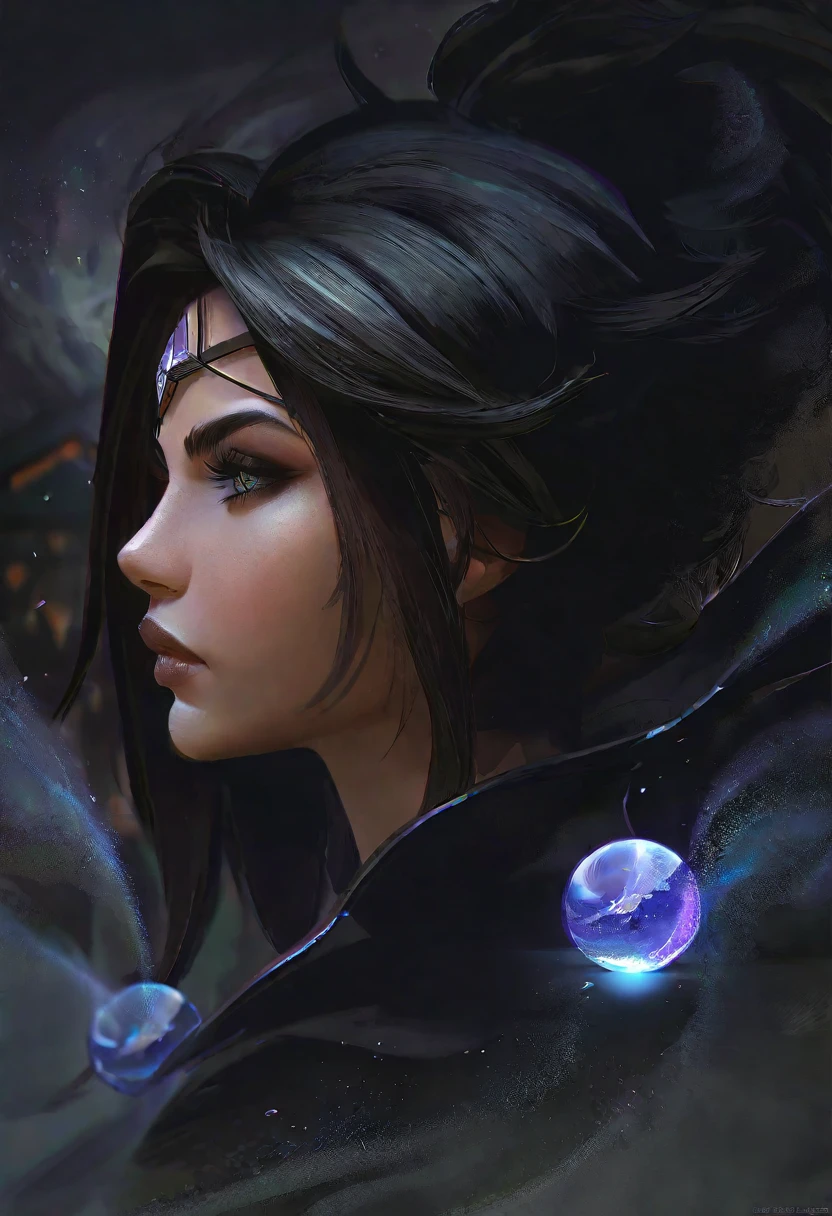 a beautiful woman WITCH WITH A CRYSTAL BALLin the Style-RustMagic, Aum, (atmosfera escura:1.2), (Mist & smoke), (noite escura:1.3), Cicatrizes, (shaggy medium length dark hair:1.1), (sombra:1.1), (brilho lindamente detalhado:1.2), (cinematic lighting), detalhe intrincado, high resolution, olhos arredondados, detailed facial features, sharp focus, suave, aesthetics, Dark industrial factory detailed background, pose elegante,