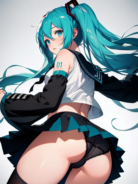 Hatsune Miku, Back View, (Skirt flip, I can see her panties), Sailor suit, UHD, retina, masterpiece, ccurate, anatomically correct, textured skin, super detail, high details, high quality, best quality, highres, 4K