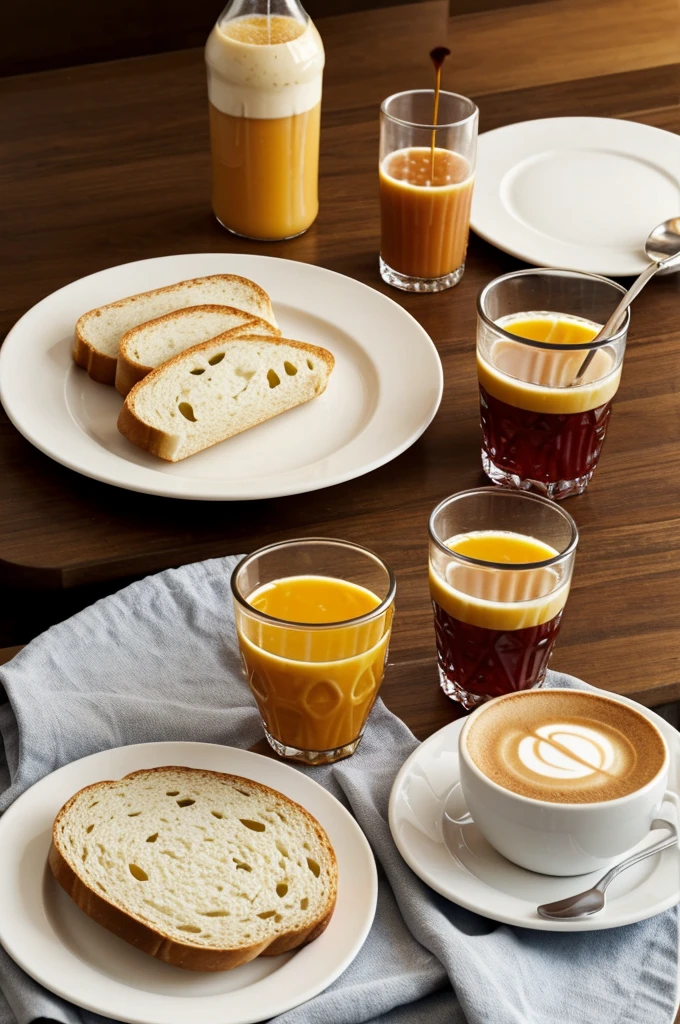 On a table, you can see a breakfast set. Inside a plate, you can see several pieces of bread and a bottle of jam next to it. A glass of orange juice and a cup of coffee are located near the bread.