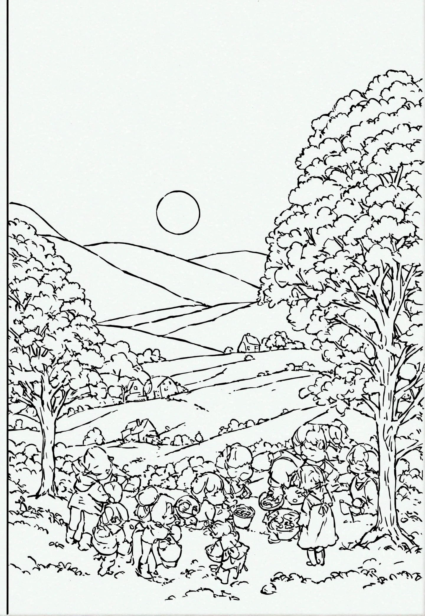Maple Syrup Harvest: Grey and white only, Book page coloring art. All-white background. Use only outlines, line art. Clean line art for coloring. Simple and clean line art, coloring book page. Perfect symmetric details. A maple syrup farm during harvest season, with sap buckets hanging from trees, a sugar shack with steam rising from the evaporator, and a family enjoying pancakes with fresh syrup. add more fine details.