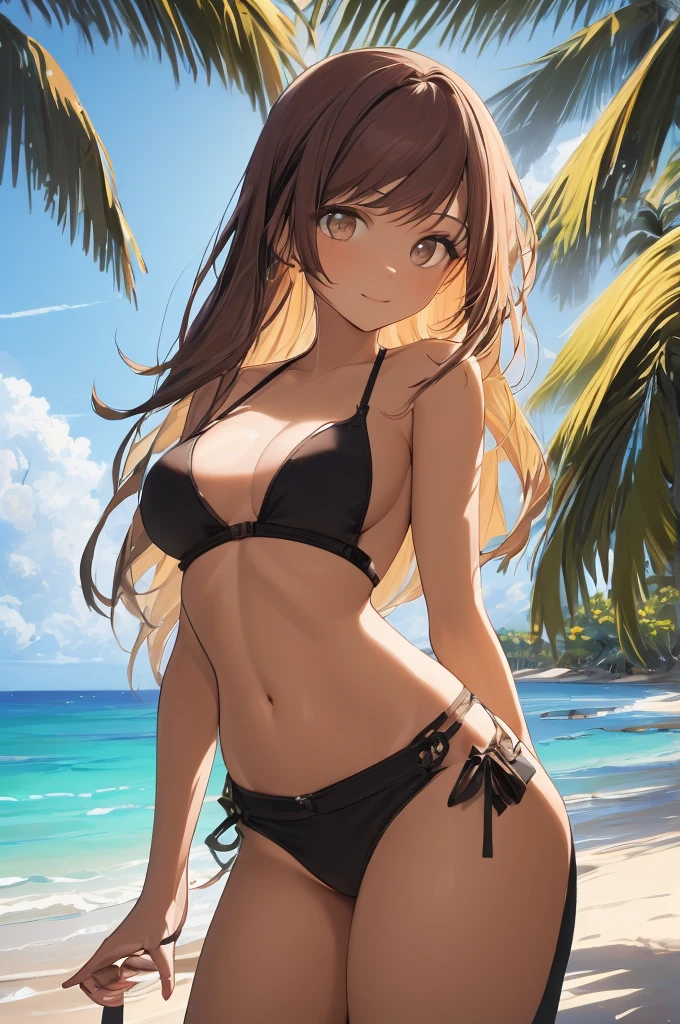 masterpiece, rich colors, Best quality, detailed, high resolution, Hyper quality, high detail, , High quality, detailing, skinny sexy girl on the beach , bright lighting , Brown eyes, anime, palm trees, bright lighting,