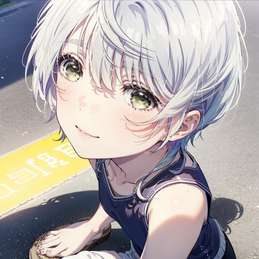 fuukakikuchi, fuuka kikuchi, short hair, bangs, Hair between the eyes, (Green Eyes:1.3), Grey Hair,smile,blush,White vest,Red Tank Top,Shorts,Cute Sandals,whole bodyがイラストに入るように,Daytime,Clear skies,walking,Looking up from below,
break outdoors, Coastal Road,
break looking at viewer,whole body,
break (masterpiece:1.2), highest quality, High resolution, unity 8k wallpaper, (figure:0.8), (Beautiful fine details:1.6), Highly detailed face, Perfect lighting, Highly detailed CG, (Perfect hands, Perfect Anatomy),