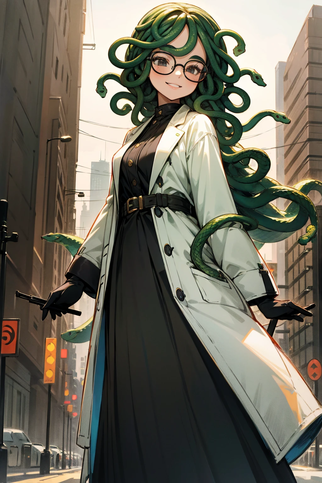 1female, green hair, snake hair, black eyes, smiling, glasses, curly hair, black clothing, white overcoat, casual clothing, city background, detailed background, hands to side, standing on path