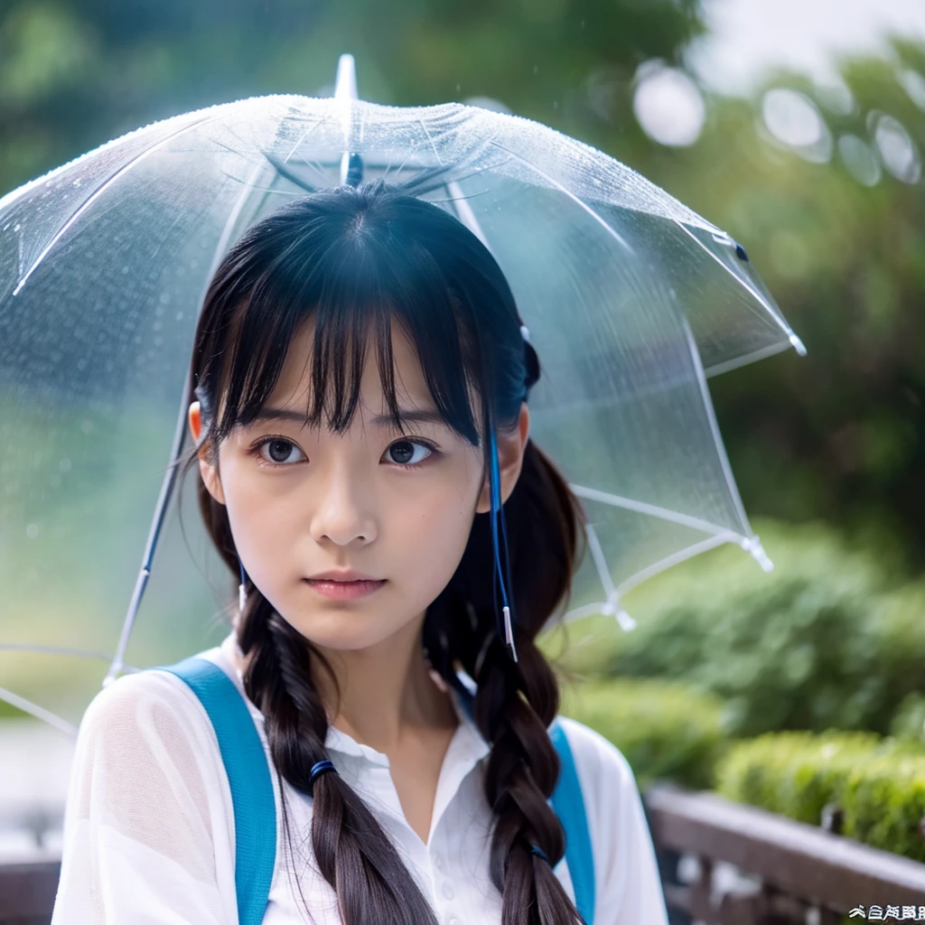 she激しい雨の降る空を見上げている、she&#39;I don't have an umbrellaのでwhole bodyが雨で濡れている、Umbrellas are not displayed、she&#39;I don't have an umbrella、My hair got wet in the heavy rain, face and clothes Soaking wet.　Rain-Soaking wet face or dripping water　masterpiece、超High resolution、well done!、sheとても可愛い顔をしていてアイドルのように若いです.々Stylish.18 year old Japanese female、Gentle and cute、A gentle smile wet with rain、 Showing off cleavage.、mini skirt、Breathe rain　Soaking wet　In the heavy rain、Looking up at the rainy sky on a big city sidewalk at midday.　large size bust、whole body、whole bodyが濡れた姿、artistic、RAW Photos、Genuine、High resolution、Life、No copyright notice