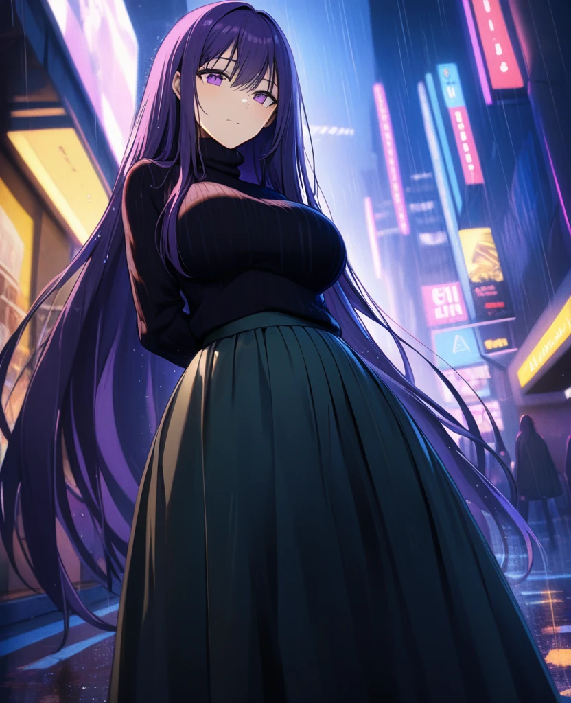 night, Colorful cyberpunk city background, rain, street, (Very long hair:1.25), Dark purple hair, Purple Eyes Shining Eyes, Big Breasts, Turtleneck sweater, (Long skirt:1.25), Colorful Skirts, (Be incontinent:1.5), Stern expression, black, Backlight, shine, Find your audience, Low angle shot, Look up at the camera, Perfect composition, Perfect light and shadow, 8k
