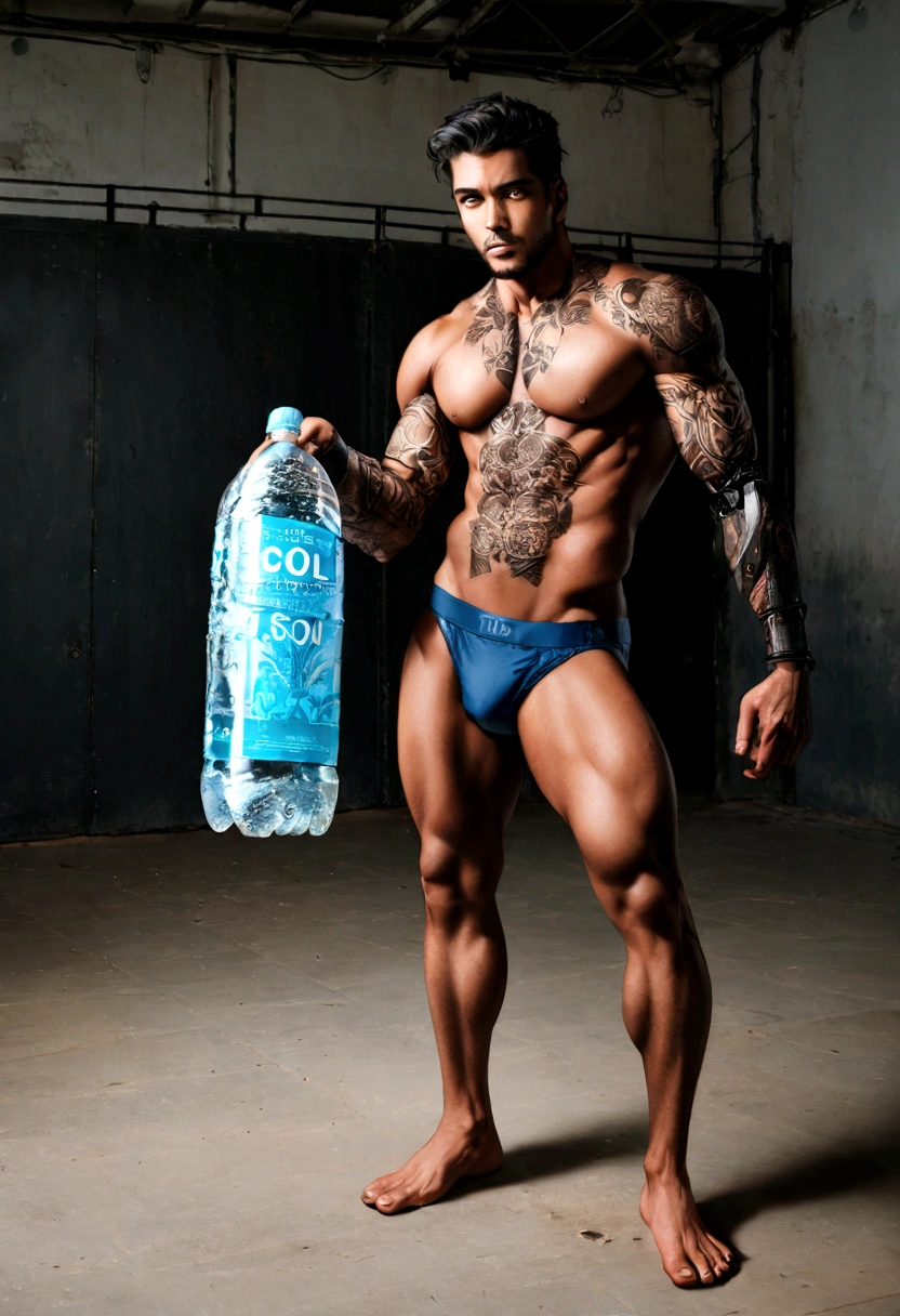 Arafian man holding a bottle of water and a bottle of ice, men's magazine model, male model, dark masculine man, man fashion photo, full body, fitness model, head and shoulders photography, underwear ads, tattoo on body and legs, cyborg parts, product advertisement for men's underwear, super strong and cool