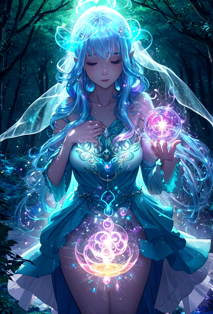 girl casting mystical glowing spells, fantasy rainbow forest, vibrant colors, ethereal lighting, detailed foliage, magical atmosphere, enchanting scenery, dreamlike ambiance, shimmering glow, flowing robes, wisps of magic, ethereal creatures, enchanted trees, sparkling streams, radiant energy, mystical symbols, surreal beauty, otherworldly landscape, swirling mist, enchantment in the air, spellbinding moment, mesmerizing spectacle, ethereal essence, magical incantation, mystical aura, bewitching charm, spellbound onlookers, transcendent experience, magical vortex, hidden secrets, whimsical creatures, vibrant enchantment, enchanted atmosphere, ethereal melodies, radiant beams of light, otherworldly colors, mesmerizing movements, joyous celebration in nature, enchanting nymphs, supernatural power, pulsating energy, captivating spells, fantastical realm, transcendental experience, glowing sheild of light protecting girl,