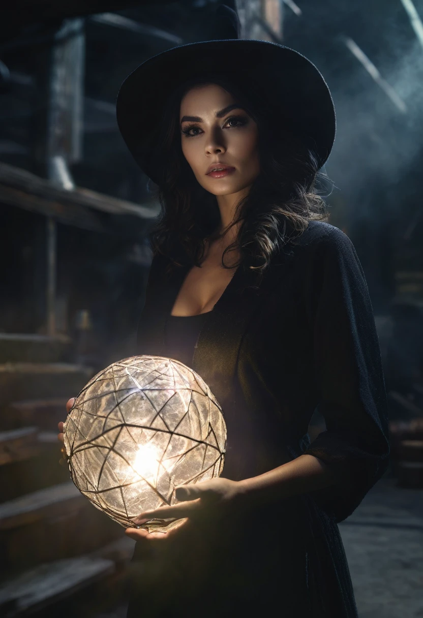 a beautiful woman WITCH WITH A CRYSTAL BALLin the Style-RustMagic, Aum, (atmosfera escura:1.2), (Mist & smoke), (noite escura:1.3), Cicatrizes, (shaggy medium length dark hair:1.1), (sombra:1.1), (brilho lindamente detalhado:1.2), (cinematic lighting), detalhe intrincado, high resolution, olhos arredondados, detailed facial features, sharp focus, suave, aesthetics, Dark industrial factory detailed background, pose elegante,