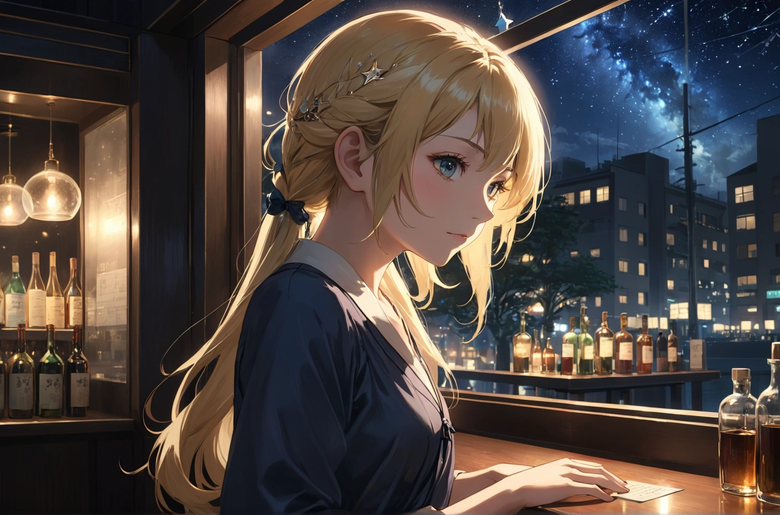 Uses Makoto Shinkai's depiction perfectly,Summer McIntoshのポートレート,8k 4k masterpiece photo ,Paris,A jazz bar with a glass ceiling,The twinkling stars can be seen through the glass windows.,It's a dark night outside,Jazz is playing,Close-up of profile,Beautiful in profile,Semi-long hair,Blonde,Look in a different direction,Standing alone at the counter,Tight-fitting tank top,Bust is medium,Same character as before、Same store as before